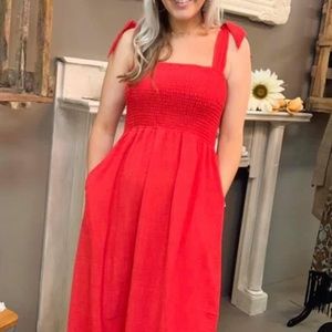 Listicle red midi smocked dress with adjustable tie straps